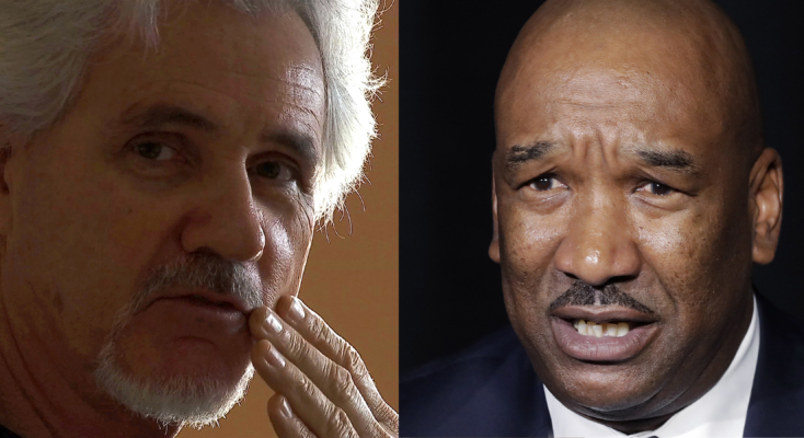 This combined photo shows former Sallyport investigator Robert Cole, (left) on Thursday, March 23, 2017, and Steve Anderson, a former employee of Sallyport Global on Thursday, April 27, 2017. (AP Photo/Alex Sanz /AP Photo/Mark Lennihan)