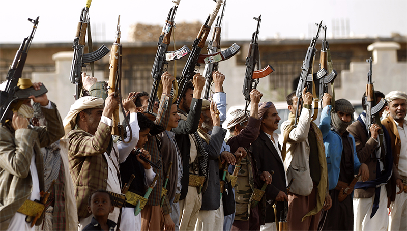 Yemen's Shiite Houthi rebels shout slogans during a gathering to mobilize more fighters to battlefronts to fight pro-government forces, on June 18, 2017, in the capital Sanaa. (Mohammed Huwais/AFP/Getty Images)