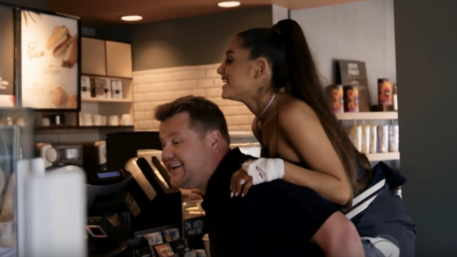 Ariana Grande Hilariously Carried by James Corden into Starbucks