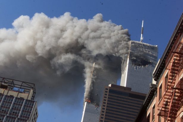 Smoke rises from the burning twin towers of the World Trade Center