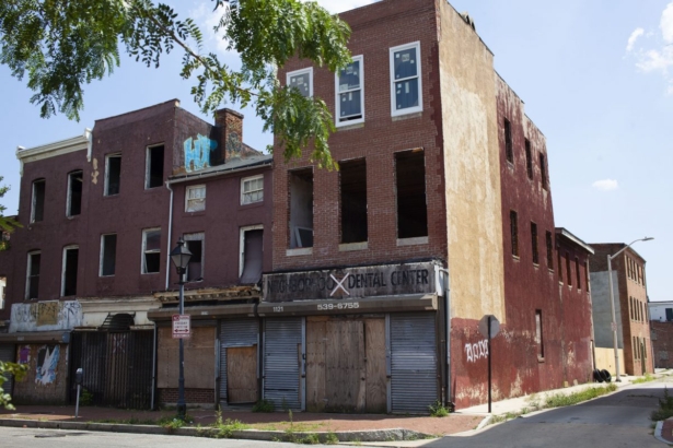 Buildings on a street in west Baltimore