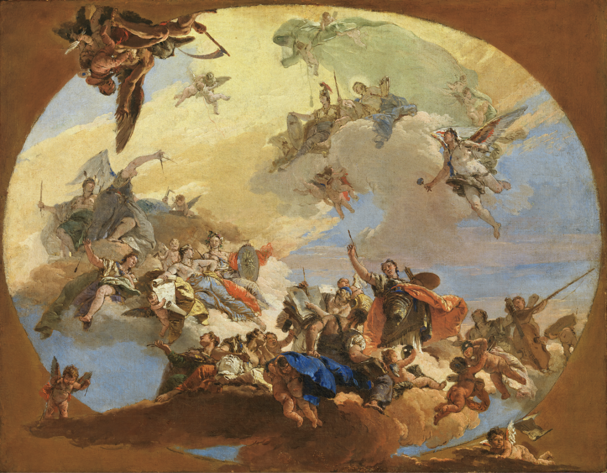 Giambattista Tiepolo Triumph of the Arts and Sciences, ca. 1730–31 Oil on canvas 21 7/8 × 28 3/8 inches Museu Nacional de Arte Antiga, Lisbon Photo: © Direção-Geral do Património Cultural / Arquivo de Documentação Fotográfica (DGPC/ADF) / photo Luisa Oliveira