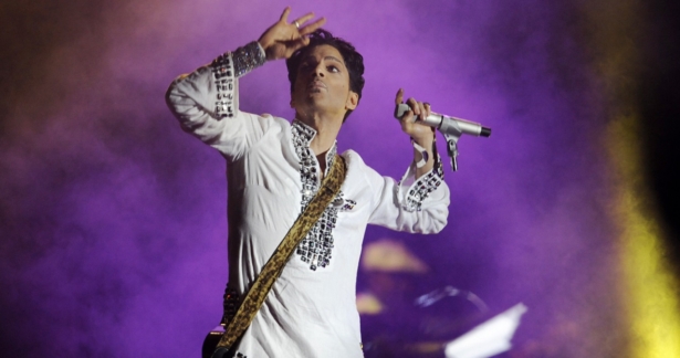 Prince performs during his headlining set on the second day of the Coachella Valley Music and Arts Festival