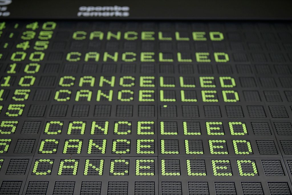 An information board at the Ljubljana Joze Pucnik Airport displays cancelled flights of Slovenian flag carrier Adria Airways due to suspension of most its flights in Brnik, Slovenia