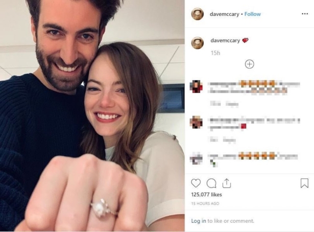 Emma Stone has a rock on her finger