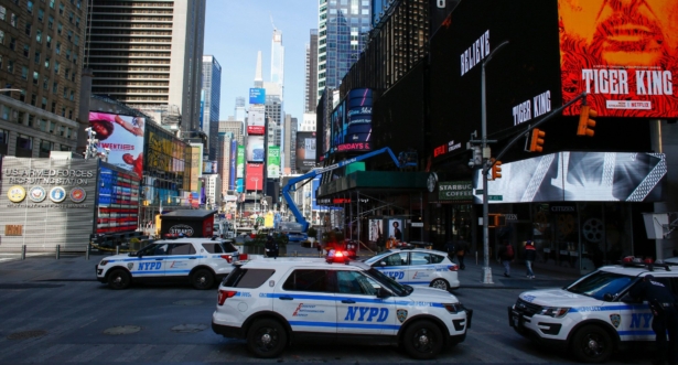 NYPD cars are seen in Times Square