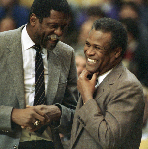 Former Boston Celtics teammates Bill Russell, Sacramento Kings coach, left, and K.C. Jones, Celtics coach,