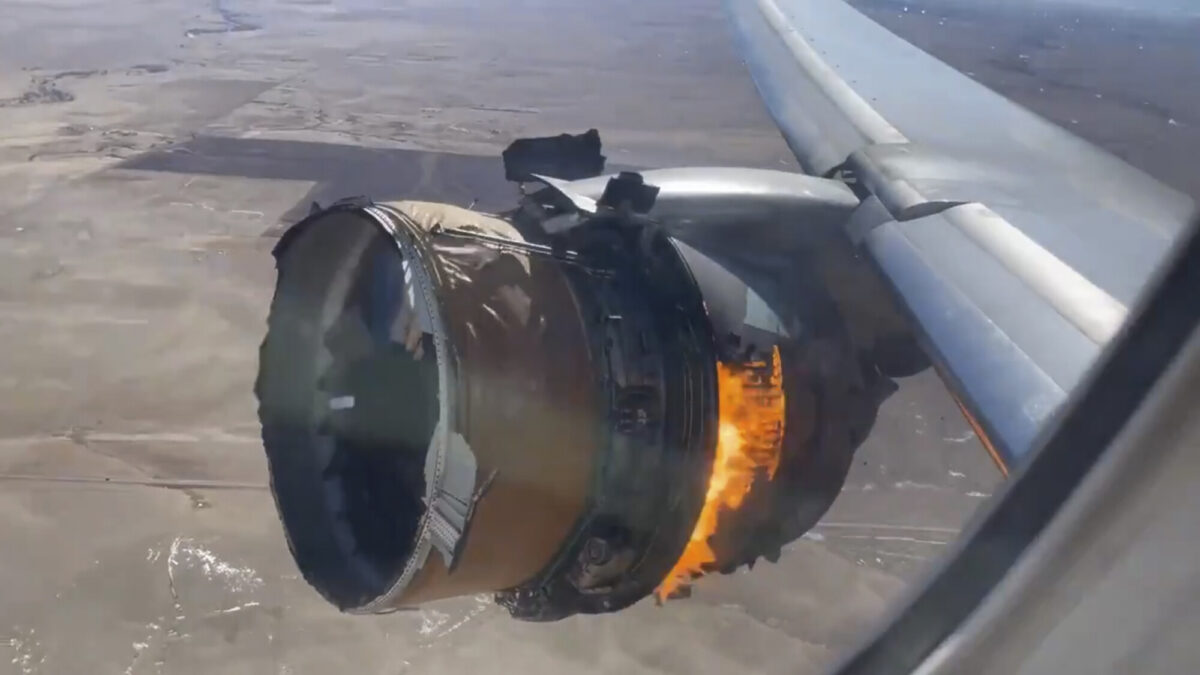 The engine of United Airlines Flight 328 is on fire