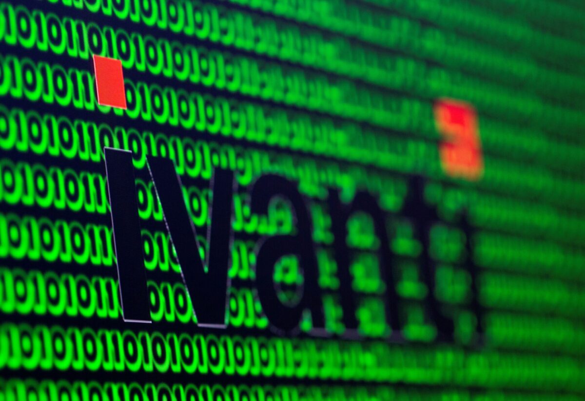 Ivanti logo and cyber binary codes