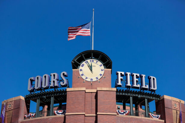 A general view of the clock tower at Coors Field
