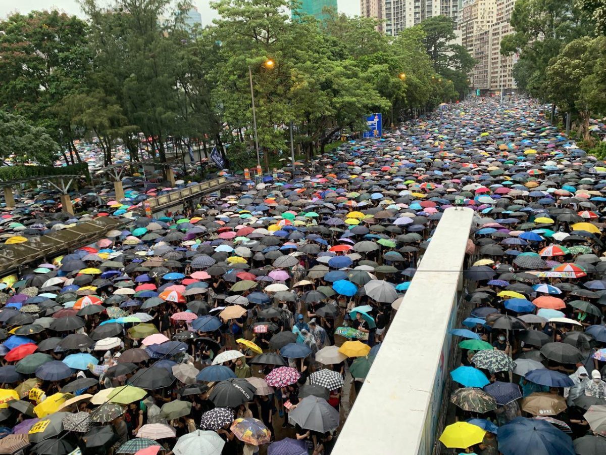 Protesters take part in a march in Hong Kong