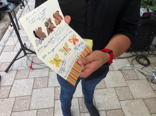 Mike Noriega shows a birthday card