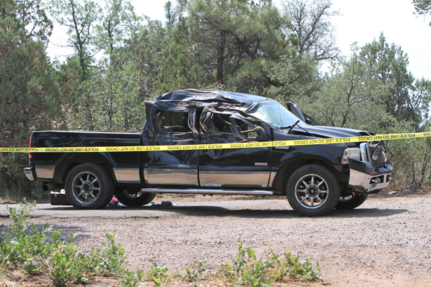 A crashed pickup truck