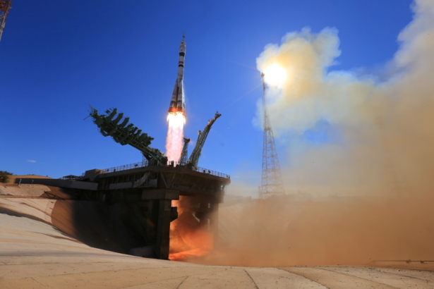 The Soyuz MS-19 spacecraft carrying ISS crew blasts off from the launchpad at the Baikonur Cosmodrome