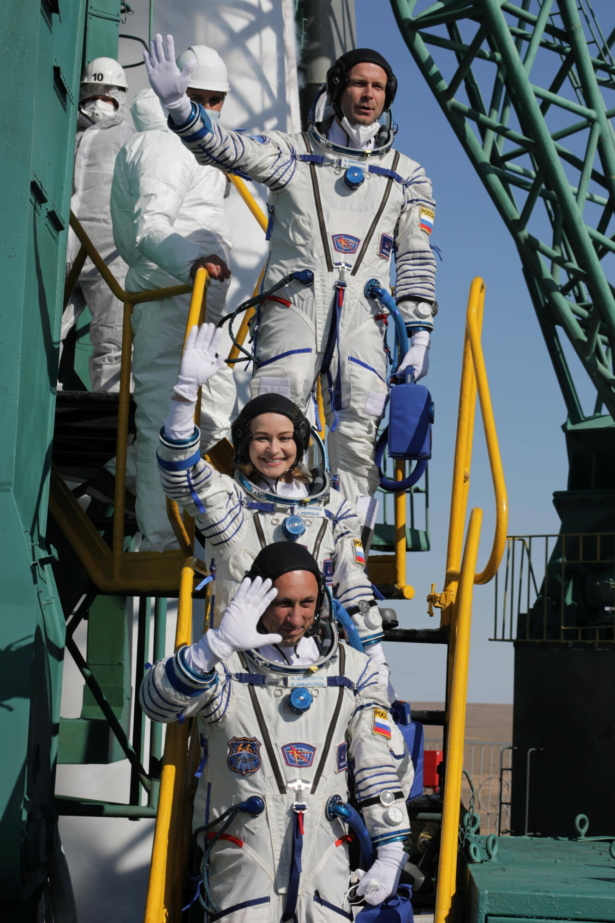The International Space Station (ISS) crew members board the Soyuz MS-19 before the launch at the Baikonur Cosmodrome