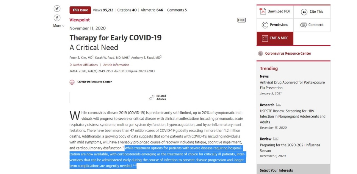 Therapy for Early COVID-19 Article Screenshot NTD
