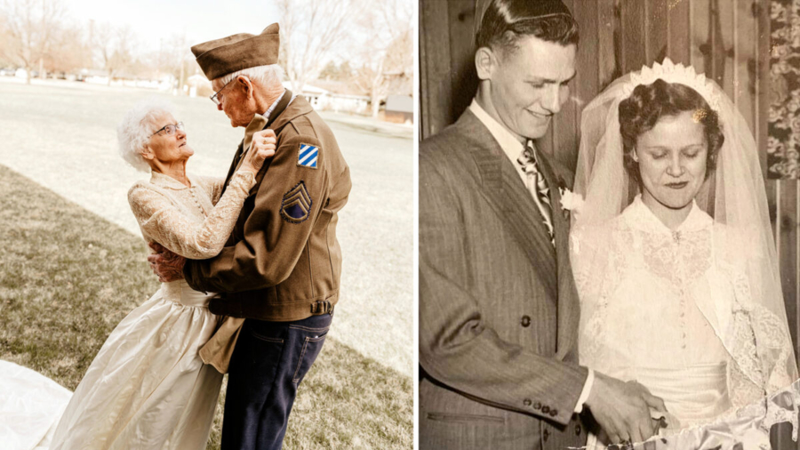 Couple Married for 70 Years Photographed in Original 1952 Wedding Dress and Korean War Suit 