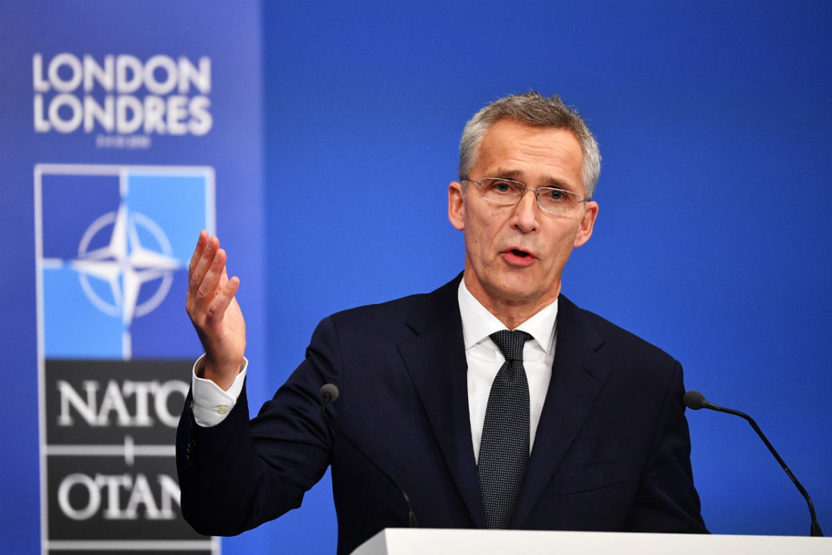 Jens Stoltenberg, Secretary General of NATO talks at a press conference while attending the NATO summit at the Grove Hotel on December 4, 2019 in Hertford, England. (Leon Neal/Getty Images)