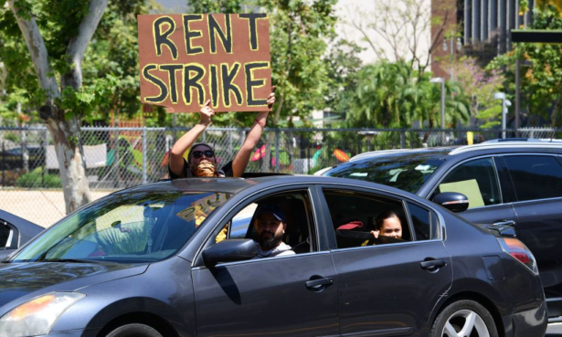 Demonstrators call for a rent strike