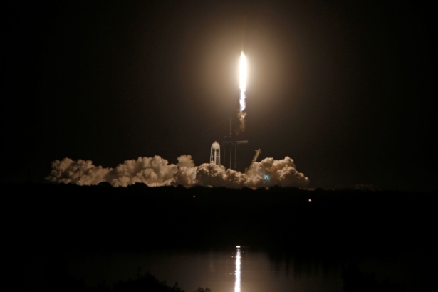 A SpaceX Falcon 9 rocket, with the Crew Dragon capsule